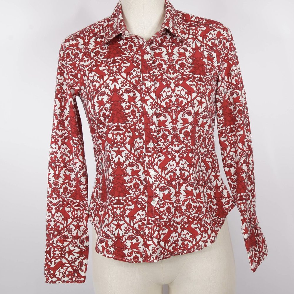 Talbots Petite Red & white linen floral shirt 4